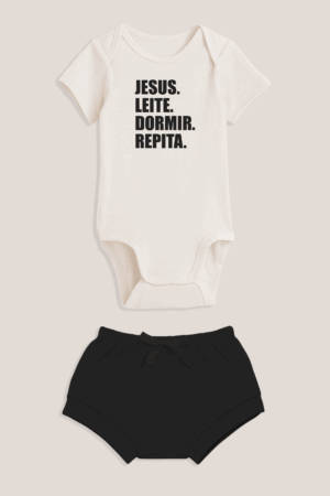 Conjunto de Body para Bebê - Curto Unissex - Jesus, Leite, Dormir, Repita